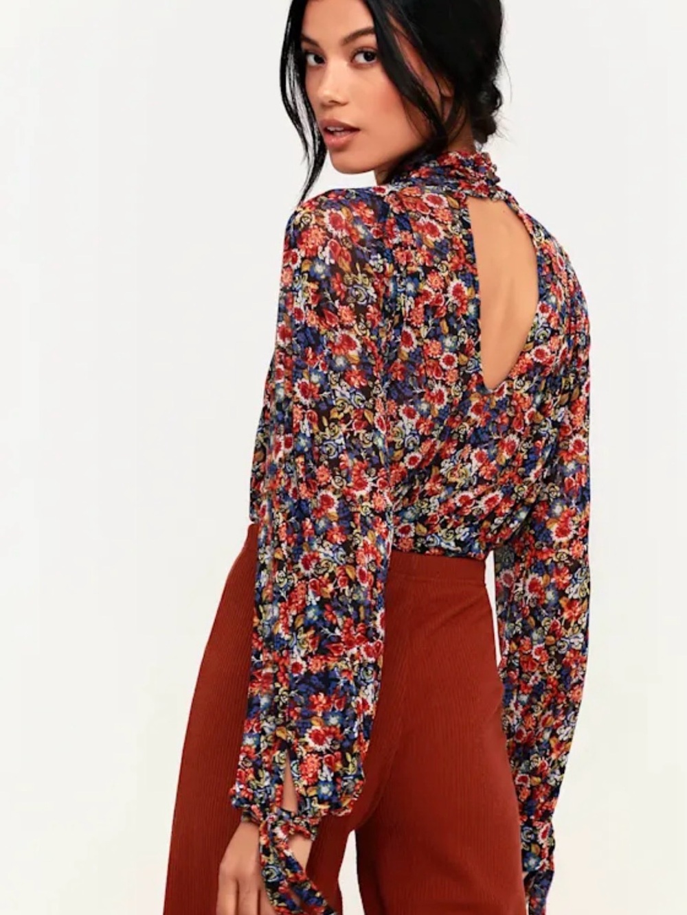 Free People All Dolled Up Black Floral Print Mesh Long Sleeve Crop Top